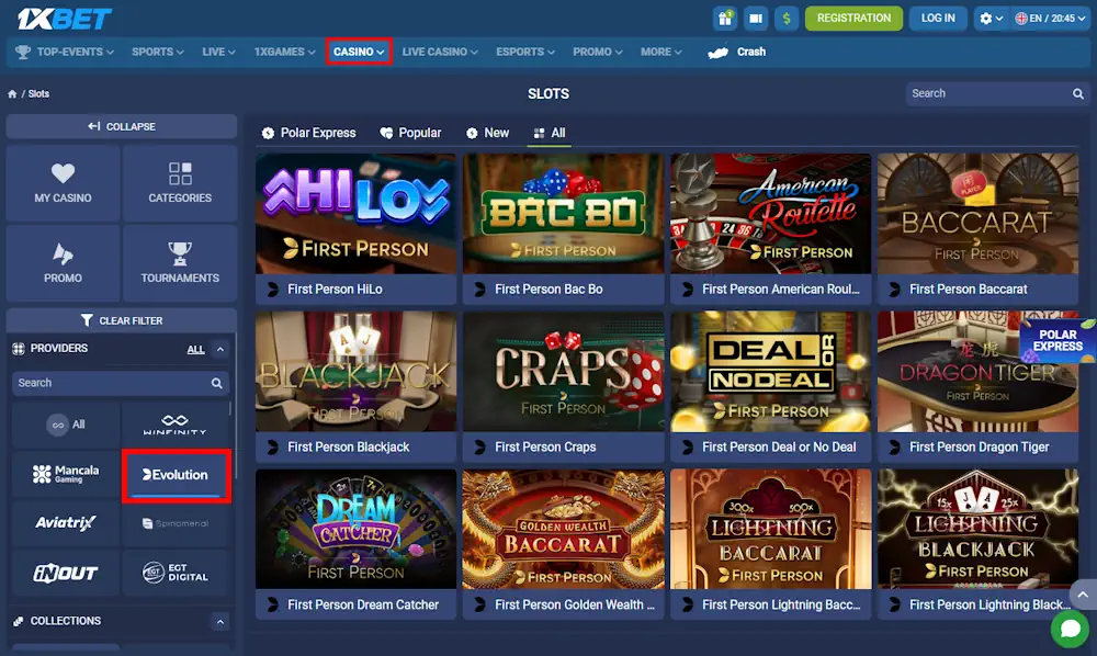 1xBet Evolution Games Screenshot